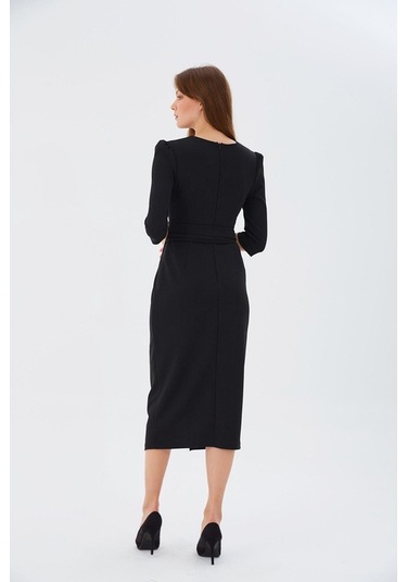 Nefeli V Yaka Midi Sarımlı Elbise - Minimalist Şık Günlük Siyah