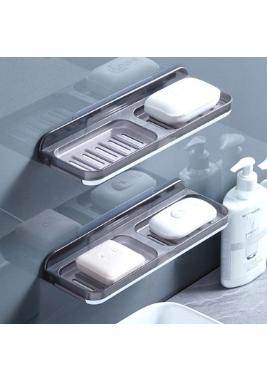 Beyaz Çift Izgaralı Sabunluk Şampuan Saklama Mutfak Banyo Süngerlik Beyaz