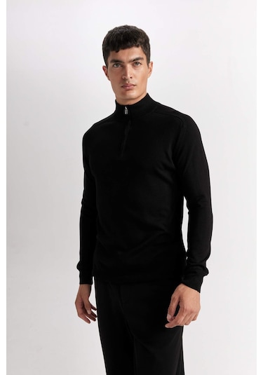 DeFacto Standart Fit Dik Yaka Yarım Fermuarlı Yumuşak Dokulu Premium Triko Kazak D0624AX24AUBK81