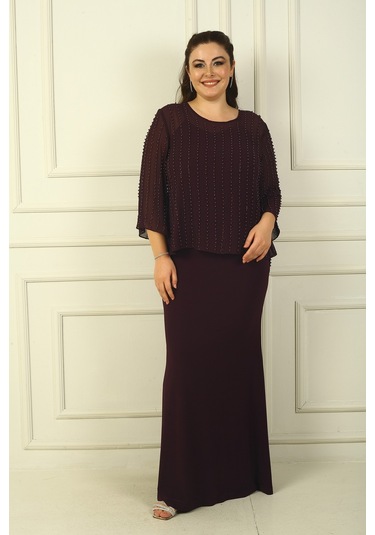 İçi İp Askılı Astarlı Uzun Sandy Elbise Arkası Düğmeli Boncuklu Şifon Bluz Büyük Beden 2'li Takım Mürdüm İçi İp Askılı Astarlı Uzun Sandy Elbise Arkası Düğmeli Boncuklu Şifon Bluz Büyük Beden 2'li Takım Mürdüm