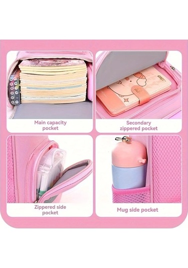 Honeybeeshop Pembe Küçük Ayarlanabilir Askılı Hafif Büyük Kapasiteli Öğrenci Sırt Çantası Tül Detaylı Poliester Fermuar Kapanışlı İlkokul Okul Çantası Eğlenceli Karikatür Tasarımı Pembe