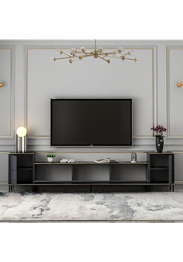 İmaj Tv Ünitesi Ve Komodin Set Traverten/gold, Oturma Odası Set, Tv Sehpası - Antrasit Antrasit
