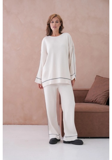 Kadın Geniş Yaka Kazak Pantolon İkili Triko Takım Taş