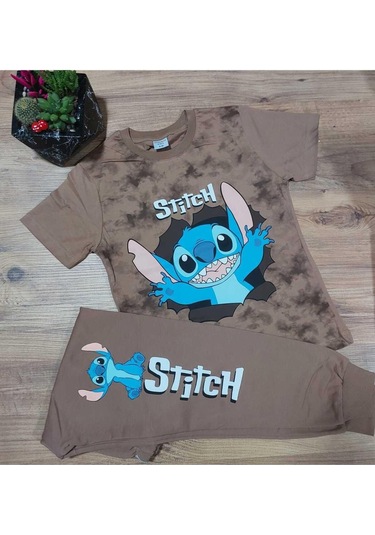 Erkek Çocuk Stitch Desenli Kısa Kollu Tshırt Eşofman 2'li Takım-897 Kahverengi