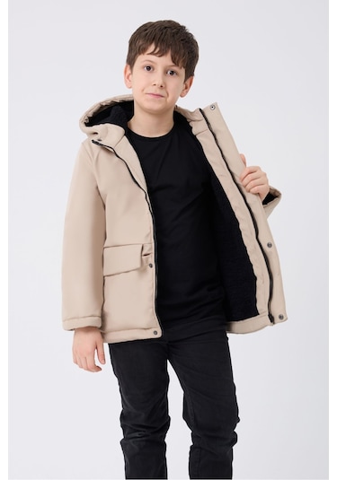 Erkek Çocuk Taş Içi Kürklü Su Ve Rüzgar Geçirmez Kapüşonlu 3 Cep Kışlık Mont & Kaban & Parka Taş