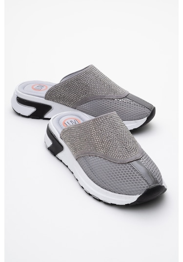 Luvishoes Glea Gri Taşlı Fileli Burnu Kapalı Kadın Terlik Gri
