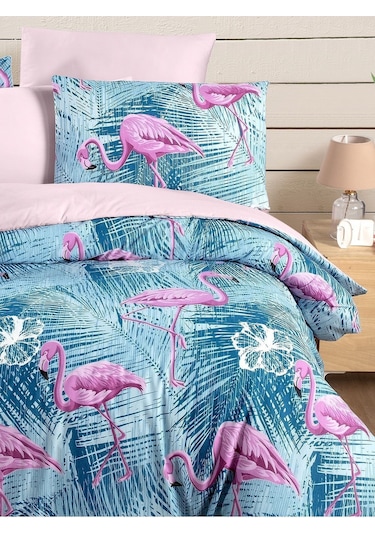 Mystory Home Lastikli Çarşaflı Çift Kişilik Nevresim Takımı Flamingo Mor - Pembe