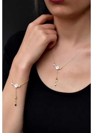 Papatya Silver 925 Ayar Gümüş Gold Kaplama Zincir Sallantılı Taşlı Sedef Manolya Çiçeği Kolye ve Bileklik Set