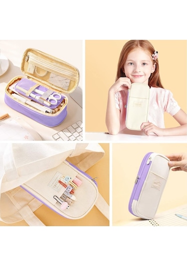 Genişletilebilir Büyük Kapasiteli Okul Kalem Kutusu, Çok Bölmeli Fonksiyonel Kırtasiye Organizer, Mor Renkli Dayanıklı Kalemlik Mor