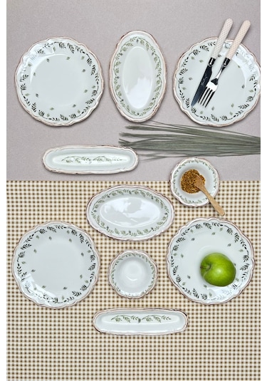 Tabak Evi Stoneware Flower Green Kahvaltı Takımı 6 Kişilik 14 Prç Beyaz - Yeşil