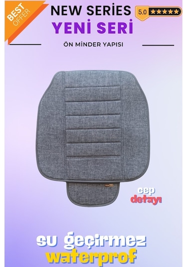 Keten Su Geçirmez Ön Arka Araba Koltuk Minderi 3'lü Oturak Cepli Gri