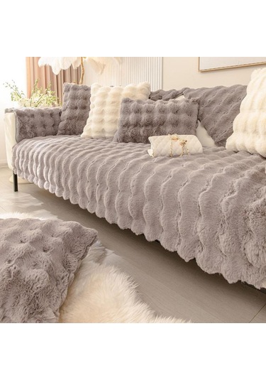 Yapay Tavşan Kürk Kanepe Örtüsü Kaymaz Ve Toz Geçirmez Kalın Yumuşak Kanepe Örtüsü Mobilya Koruyucu Koyu Gri