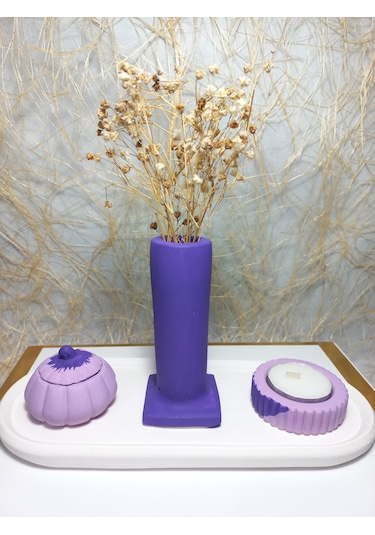 Tabaklı Sütun Vazolu, Minimal Mumluk Ve Balkabağı 4 Parça Set Beyaz Mor