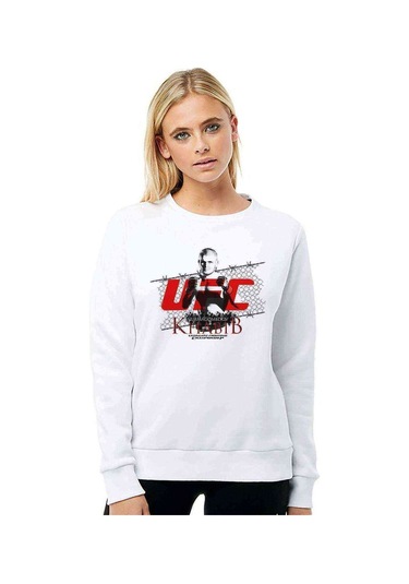 Khabib Nurmagomedov Baskılı Beyaz Kadın Sweatshirt