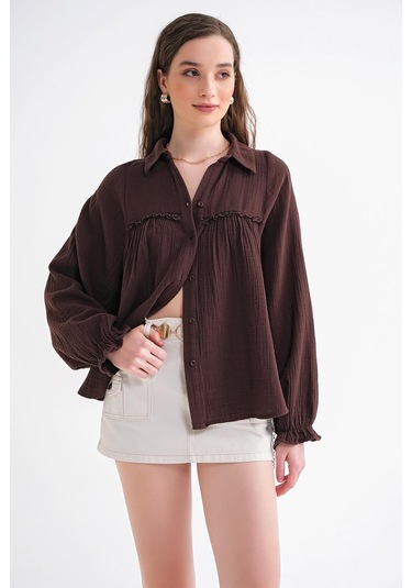 4677 Kadın Dantel Detaylı Müslin Gömlek Kahve Kahve