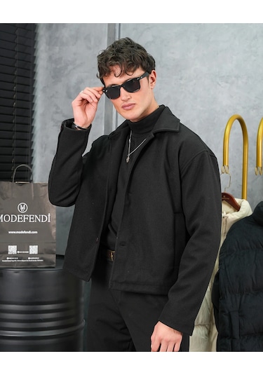 Modefendi Orta Slim Fit Düğme Detaylı Kaşmir Kaban Siyah