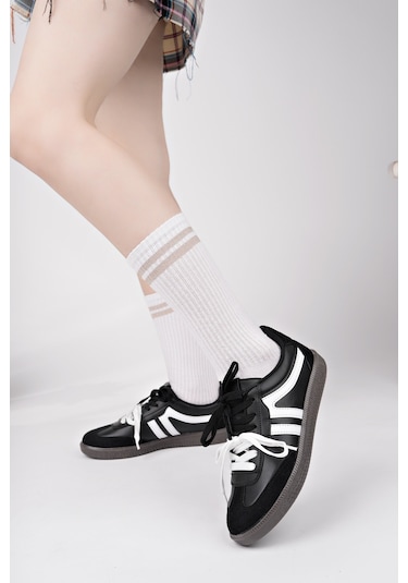 Muggo Retro Çift Bağcıklı Günlük Kadın Sneaker Spor Ayakkabı Siyah - Beyaz