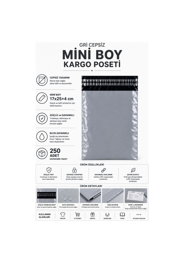 Gri Cepsiz Mini Boy Kargo Poşeti 17x25+4 Cm 250 Adet