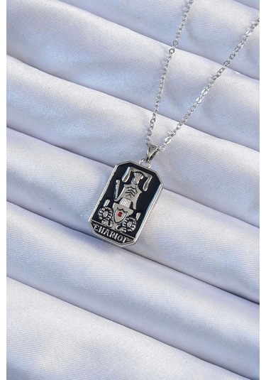 316l Çelik Zincir Gümüş Renk Siyah Mineli Tarot Kolye