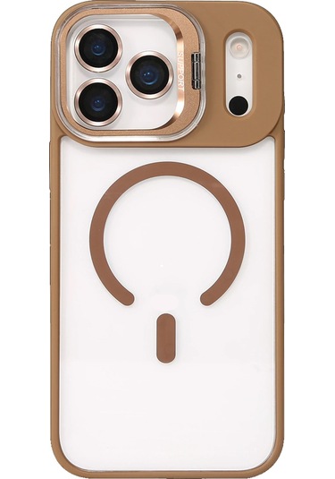 İphone Uyumlu 17 Pro Kılıf Remim Magsafe Lensli Kamera Standlı Kapak Kahverengi