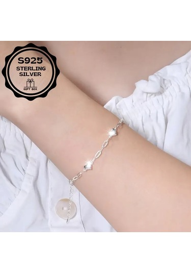 Heart Chain 925 Ayar Sade Şık Zincir Kalpli Gümüş Bileklik Çok Renkli