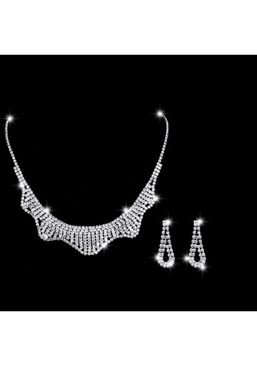Ehediye Chavin Düğün Nişan Kına Damla Taşlı Kadın Kolye Küpe Set Eg90 Beyaz