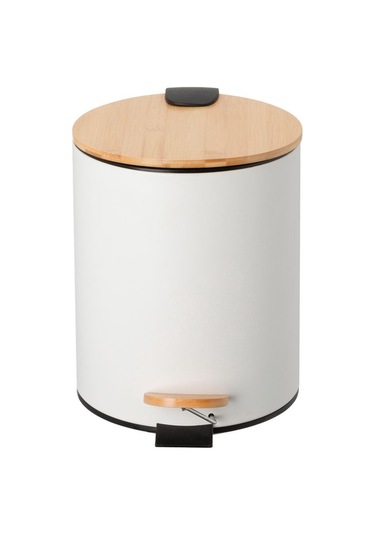 Bambu Kapaklı Pedallı Metal Çöp Kovası - 5 Lt. - Beyaz Beyaz