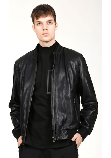 Dericlub Kolej Jumbo Gerçek Deri Erkek Mont-Siyah