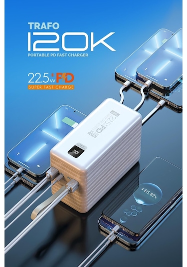 Powerway 120.000 Mah Pd 22.5w Hızlı Şarj Dahili Kablolu Gerçek 120.000 Mah Trafo Powerbank