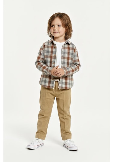 Kiremit Ekoseli Gömlekli 3 Lü Takım Bej