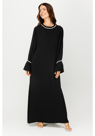 Kol Ağzı Plise Detaylı Şerit Taş İşli Elbise Siyah-siyah Siyah