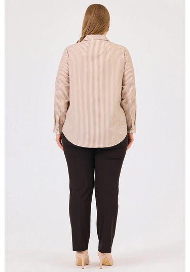 Galaxi Kadın Büyük Beden Çizgili Boncuk Detaylı Gömlek 4008 Vizon Vizon