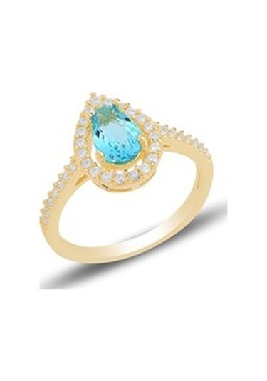 Gümüş Altın Yaldızlı Akuamarin Taşlı Damla Modeli Üçlü Set