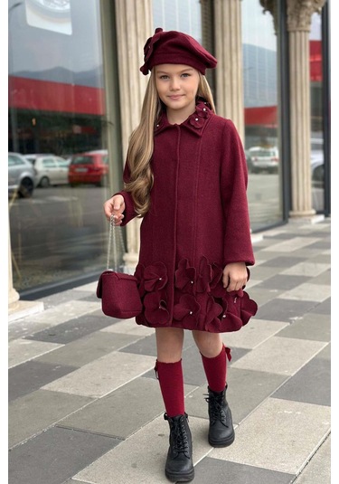 Riccotarz Kız Çocuk Yakası Taş Ve Yonca Detaylı Çıtçıt Düğmeli Bordo Kaşe Bordo