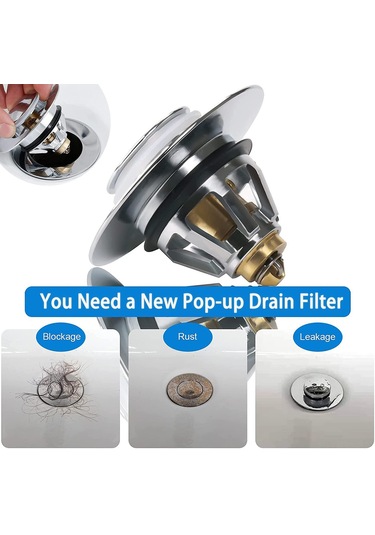 Xindoker Banyo Lavabo Çıkış Kolu, Bakır Kaplama, Gümüş Renk, 33 Mm Montaj Delikli, Filtreli, Atlama Tipi, 62 Mm Dış Çap Diğer