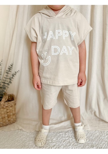 Kapüşonlu Yazlık Baskılı Takım 2404kpsnyzlyk Bej
