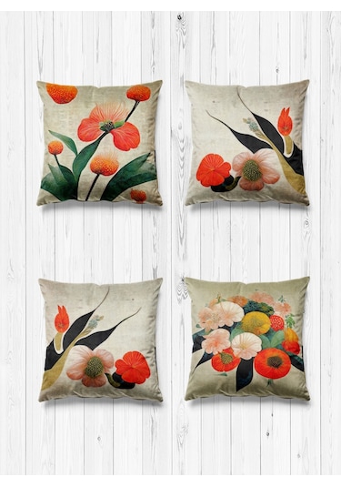 Çift Tarafı Farklı Desenli Süet 4'lü Kırlent Kılıfı-Resim Çiçekler