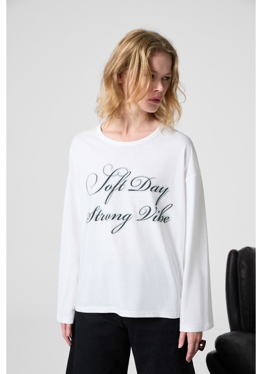 Grımelange Dazulu Kadın Yumuşak Kumaşlı Baskılı Uzun Kollu Beyaz T-shirt Beyaz