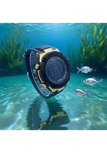 Primepickings Siyah Altın Erkek Spor Dijital Alarmlı Su Geçirmez Lüminesant Kadranlı Genç Saati Diğer