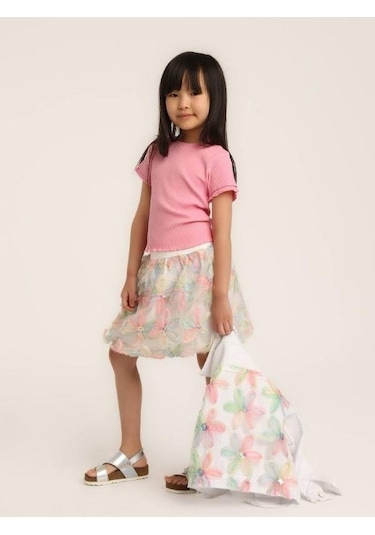 Kız Çocuk Bel Lastikli Tül Çiçek Desenli Balon Etek-15619 Çok Renkli