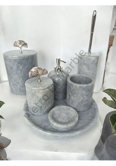 Gri Mermer Klasik Model 7 Parça Gümüş Renk Japon Gülü Aksesuarlı Banyo Seti Gri