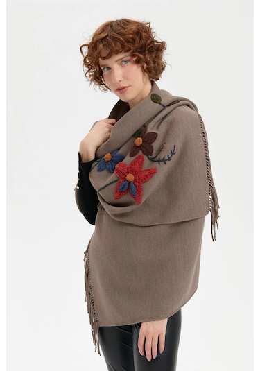 Desen Triko Kadın Örgü Çiçek İşlemeli Püsküllü Şal 24073 Vizon Vizon