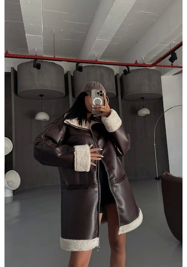 Deri Mont Kol Ve Yaka Peluş Kapaksız Cep Detaylı - Kahverengi Kahverengi