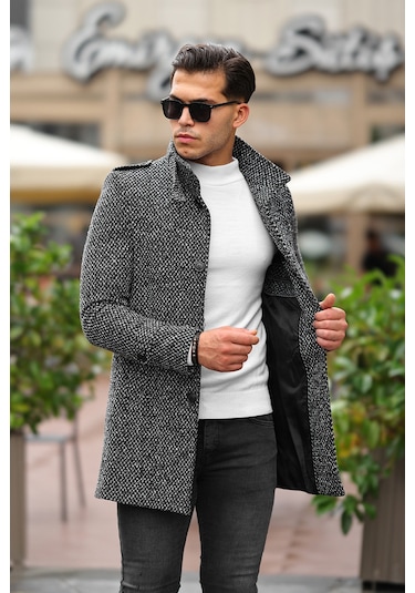Erkek Dar Kesim Dik Yaka Uzun Açık Desenli Kaşe Kaban Gri - Siyah