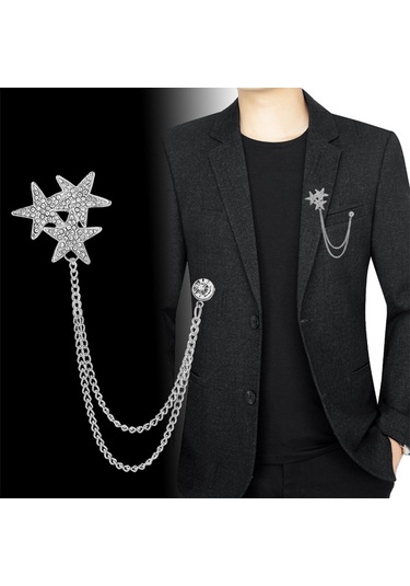 Homyl Parlak Taklidi Beş Köşeli Yıldız Broş Pin Rozeti Şık Erkek Gümüş