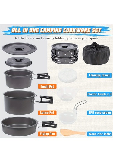 Tcherchi 9 Parça Kamp Tencere Seti Kamp Pişirme Tencere Ve Tava Seti, Açık Hava Pişirme Seti Gri