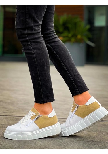 Kb-x155 Kuback Beyaz Cilt Bej Süet Detaylı Beyaz Yüksek Taban Günlük Spor Ayakkabı Beyaz2 Beyaz