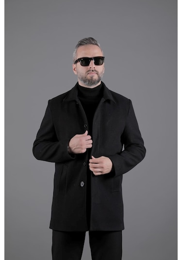 Ohepmoda Gizli Düğmeli Erkek Kaşe Kaban Mont Siyah