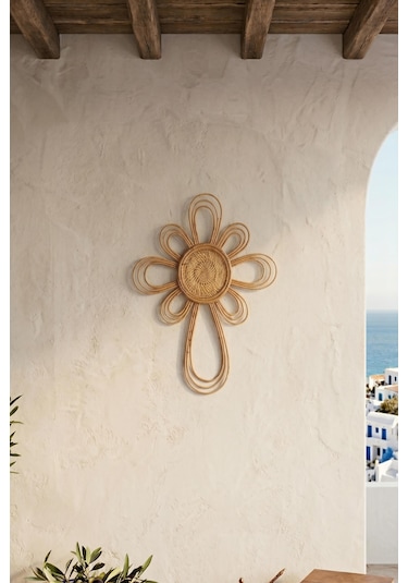 Doğal Rattan Güneş Duvar Dekoru - Bohem Çiçek Model Hasır Duvar Aksesuarı 55x77 Cm Krem