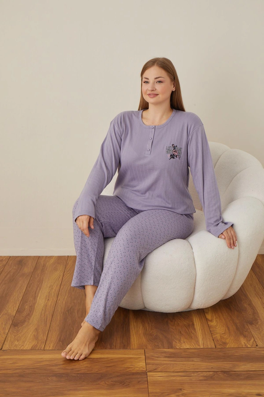Lindros Kadın Pamuk'lu Düğme Yaka Raporlu İnterlok Kışlık Battal Pijama Takımı 05104 - 1 Adet Lila